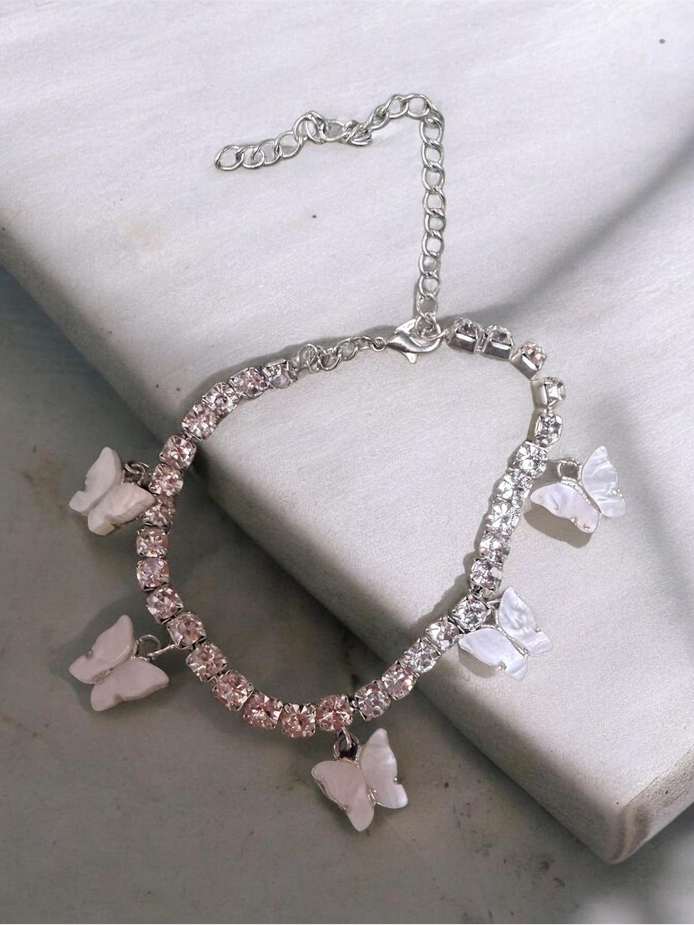 Silver Butterfly Charm Tennis Bracelet - White Crystal Accents